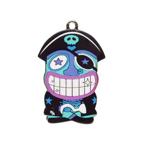 Focal, resin and gold-finished "pewter" (zinc-based alloy), black / aqua blue / purple, 31x22mm single-sided pirate. Sold individually.