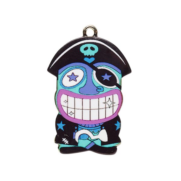 Focal, resin and gold-finished "pewter" (zinc-based alloy), black / aqua blue / purple, 31x22mm single-sided pirate. Sold individually. image number 0