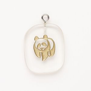 Focal, steel / glass / enamel, pkg/1, 30x24mm-39x27mm freeform with panda, silver finish / clear / gold.