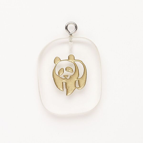 Focal, steel / glass / enamel, pkg/1, 30x24mm-39x27mm freeform with panda, silver finish / clear / gold. image number 0