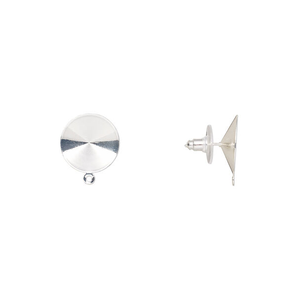 Earstud, Almost Instant Jewelry®, plastic with silver-finished brass and steel, 18.5mm round with closed loop and 18mm rivoli setting. Sold per pkg of 5 pairs. image number 0