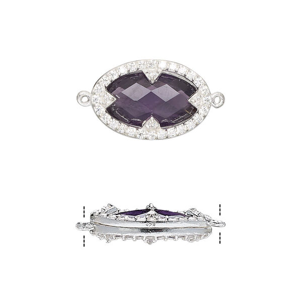 Link, amethyst (natural) / cubic zirconia / sterling silver, clear, 18x12mm double-sided faceted oval. Sold individually. image number 0
