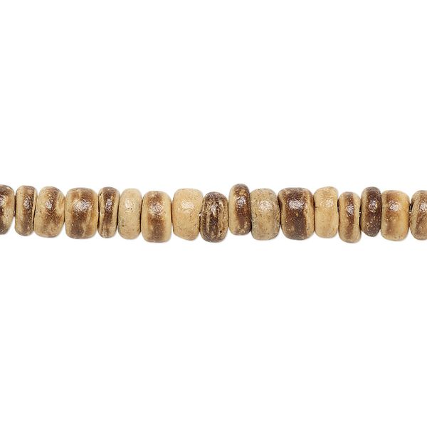 Bead, wood (waxed), light and dark brown, 5x1.5mm-6x3.5mm hand-cut rondelle. Sold per pkg of (2) 15-1/2" to 16" strands. image number 0