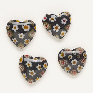 Bead, millefiori glass, opaque black and multicolored, 18-20mm half-drilled puffed heart. Sold per pkg of 4.