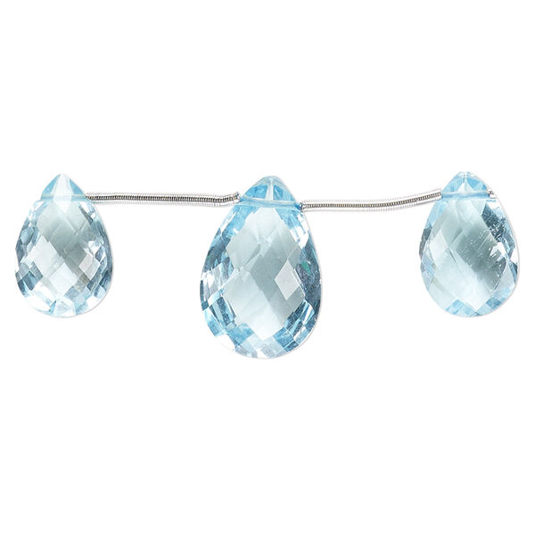 Bead, sky blue topaz (irradiated), 12x8mm-15x10mm graduated hand-cut top-drilled faceted puffed teardrop, B+ grade, Mohs hardness 8. Sold per pkg of 3. image number 0