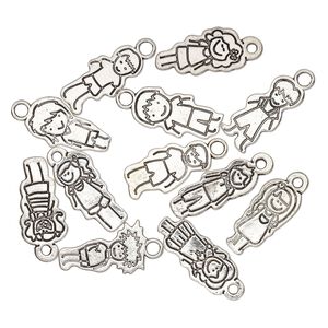 Charm, antique silver-plated "pewter" (zinc-based alloy), 26x13.5mm assorted double-sided boy and double-sided girl. Sold per pkg of 12.