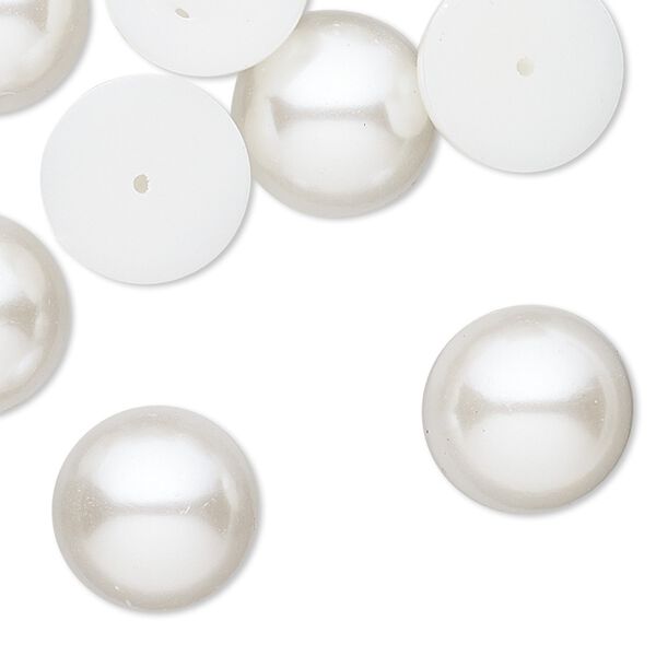 Cabochon, vintage Japanese acrylic pearl, white, 14mm half-drilled non-calibrated round. Sold per pkg of 10. image number 0