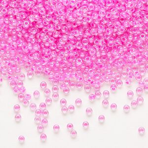 Seed bead, Preciosa Ornela Czech glass, pkg/500g, #11 rocaille, translucent pink-lined luster clear, (38177).