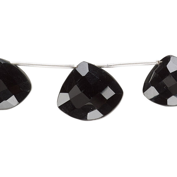 Bead, black onyx (dyed), 15x13mm-17x15mm graduated hand-cut top-drilled faceted puffed triangle, A- grade, Mohs hardness 6-1/2 to 7. Sold per pkg of 3. image number 0
