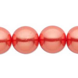 Bead, crystal pearl, orange-red, 16mm round. Sold per 15-1/2" to 16" strand, approximately 25 beads.