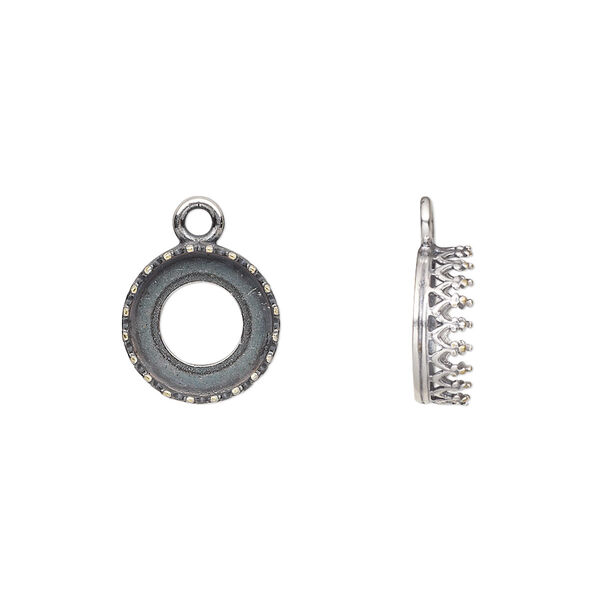 Drop, JBB Findings, antique silver-plated brass, 11.5mm round with decorative trim, 10mm round bezel setting. Sold per pkg of 2. image number 0
