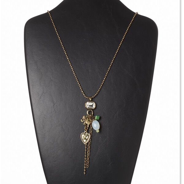 Necklace, mother-of-pearl shell (dyed) / resin / glass / brass / antiqued brass-finished steel and "pewter" (zinc-based alloy), clear and green, 4-1/2 inch dangle with heart, 26 inches with lobster claw clasp. Sold individually. image number 0