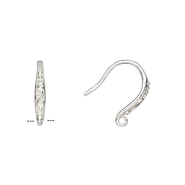 Ear wire, sterling silver, 15mm fishhook with swirl pattern and closed loop, 18 gauge. Sold per pair. image number 0