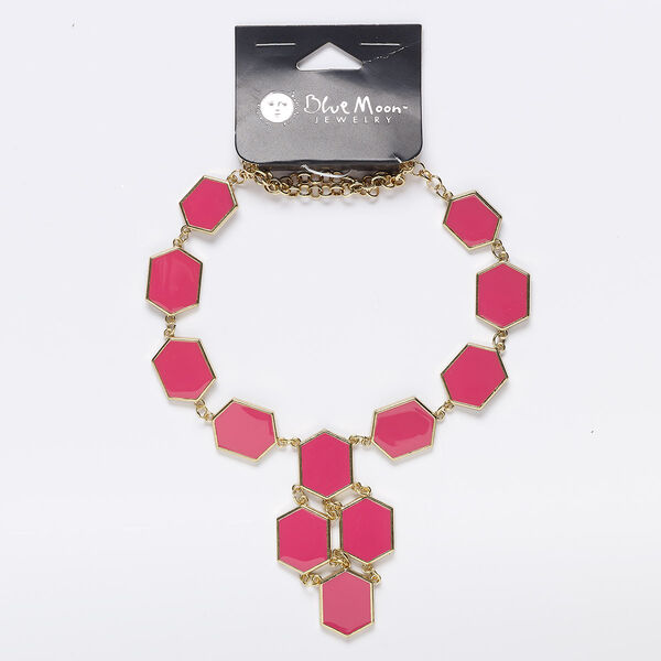 Necklace, enamel / gold-finished "pewter" (zinc-based alloy) / steel, dark pink, 24 inches with 3-inch extender chain and lobster claw clasp. Sold individually. image number 0
