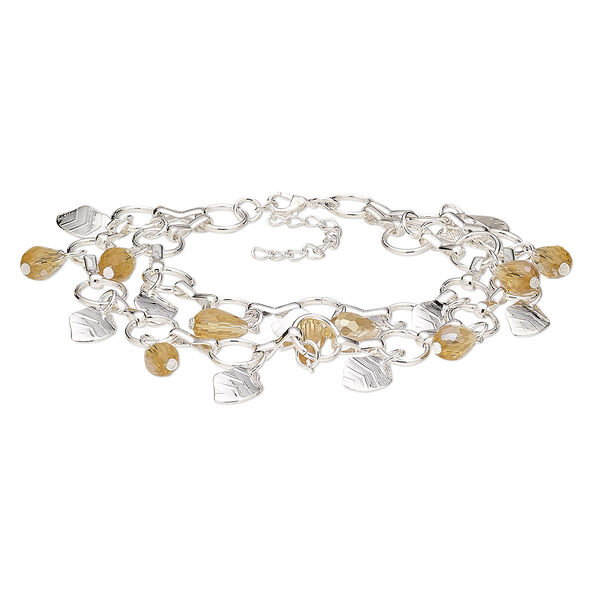 Bracelet, 2-strand, glass and silver-plated steel, topaz yellow AB, 25mm wide, 7-1/2 inches with 2-inch extender chain and lobster claw clasp. Sold individually. image number 0
