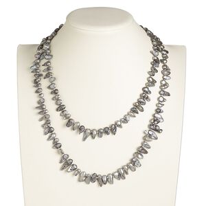 Necklace, cultured freshwater pearl (dyed / coated), grey and white, 10x6mm-24x10mm baroque, 48-inch knotted continuous loop. Sold individually.