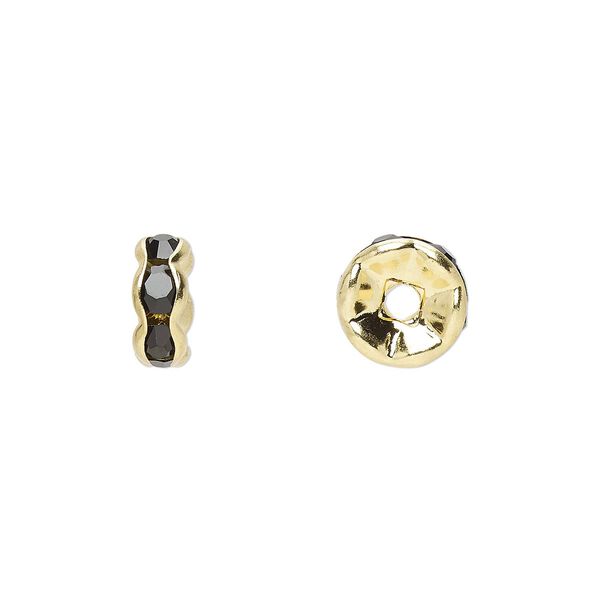 Bead, glass rhinestone and gold-finished brass, black, 8x4mm rondelle. Sold per pkg of 10. image number 0