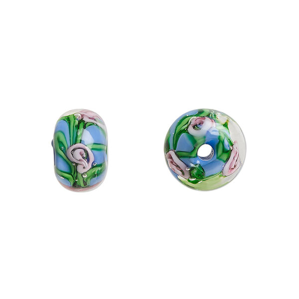 Bead, lampworked glass, opaque medium blue and multicolored, 12x8mm rondelle with rose. Sold per pkg of 4. image number 0