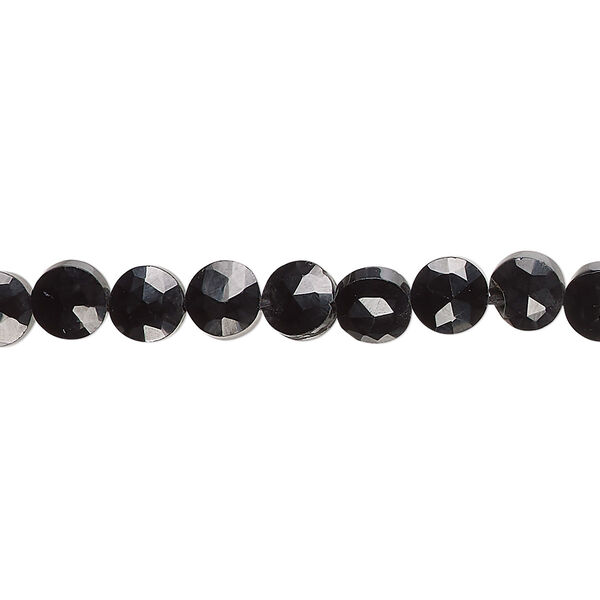 Bead, black spinel (natural), 5-6mm hand-cut faceted puffed flat round, B grade, Mohs hardness 8. Sold per 13-inch strand, approximately 60 beads. image number 0