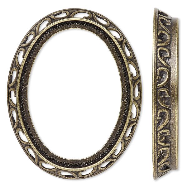 Component, antique gold-plated brass, 48x38mm oval with swirl design and 40x30mm oval setting. Sold per pkg of 4. image number 0