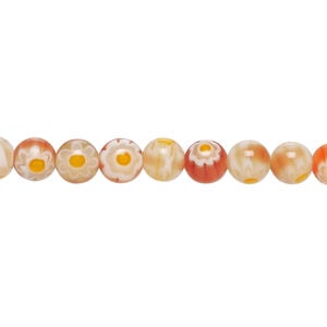 Bead, millefiori glass 1pkg1, translucent brown and multicolored, 6mm round, 15 inches.