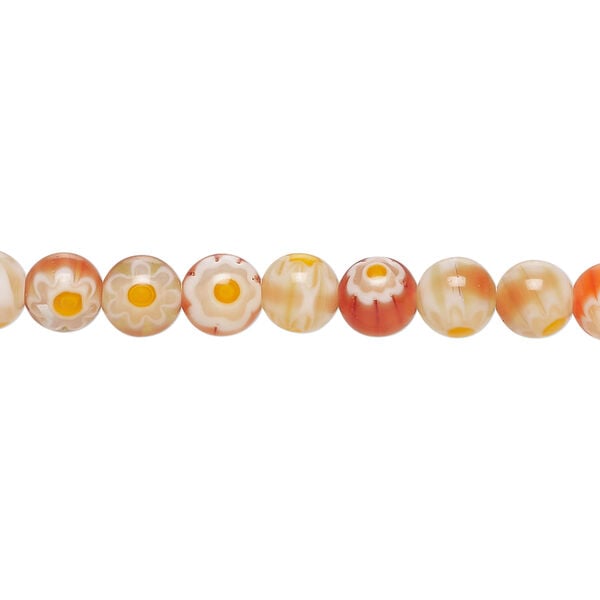 Bead, millefiori glass 1pkg1, translucent brown and multicolored, 6mm round, 15 inches. image number 0