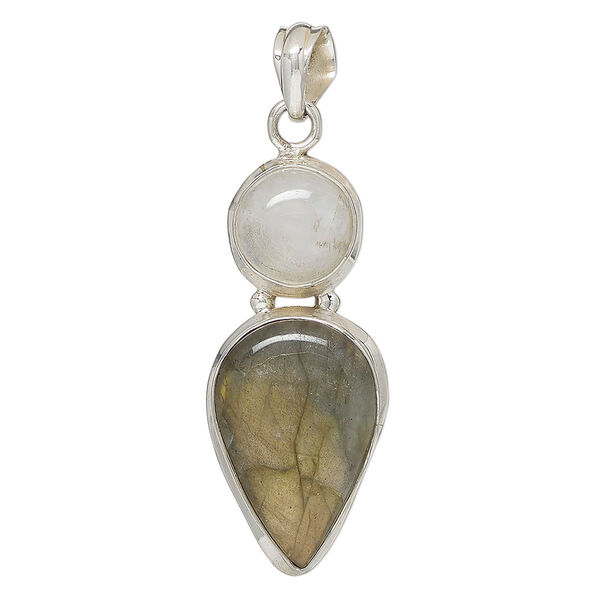 Pendant, labradorite (natural) / rainbow moonstone (natural) / sterling silver, 46x20mm-52x22mm teardrop and round. Sold individually. image number 0