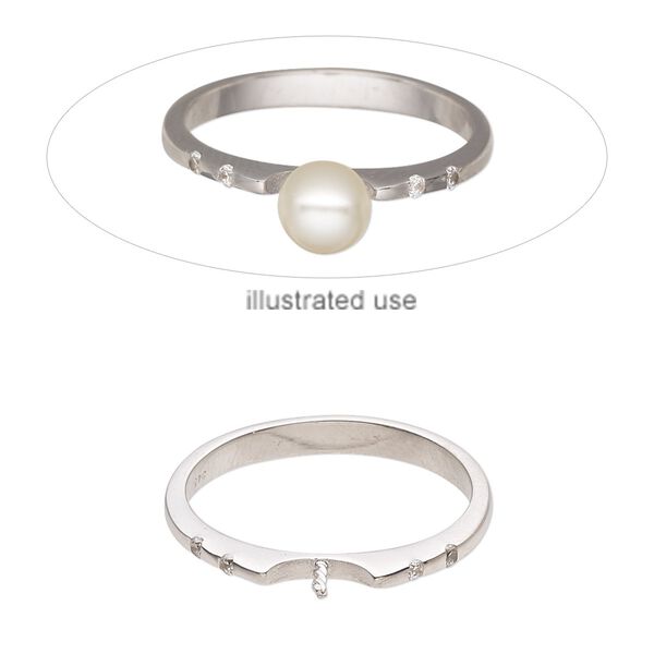 Ring, cubic zirconia and sterling silver, clear, 2mm wide with 3.5mm twisted peg, fits up to 8mm half-drilled round bead, size 9. Sold individually. image number 0