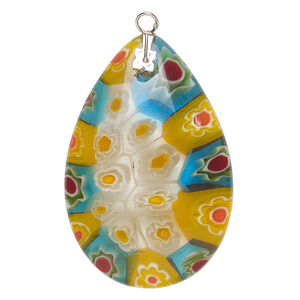 Focal 1pkg1 millefiori glass and silver-finished steel, translucent multicolored, 39x29mm-40x30mm puffed teardrop.