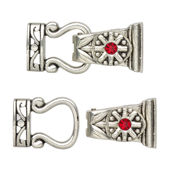 Clasp, magnetic, silver-finished "pewter" (zinc-based alloy) and glass, red, 29x13mm 2-strand fold-over. Sold per pkg of 2. image number 0