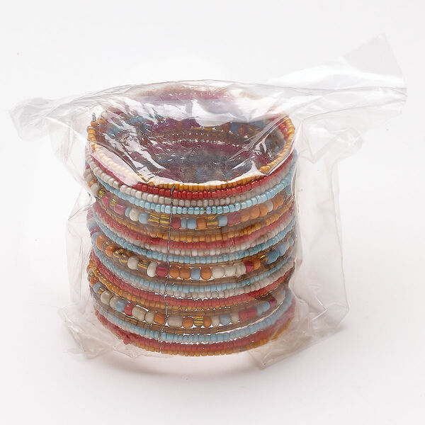 Bracelet, cuff, adjustable, steel and glass, pkg/1, 58mm wide, 7 inches, antique silver finish and multicolored. image number 0