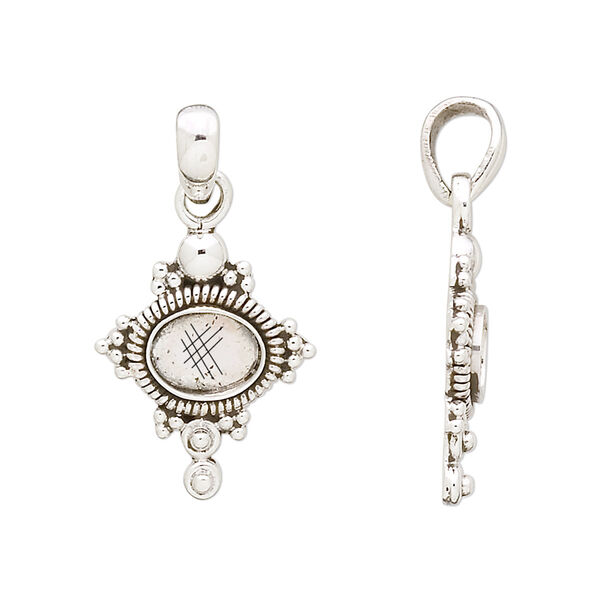 Pendant, antiqued sterling silver, 28x16mm with spiral wire and beaded rim, 8x6mm oval setting. Sold individually. image number 0