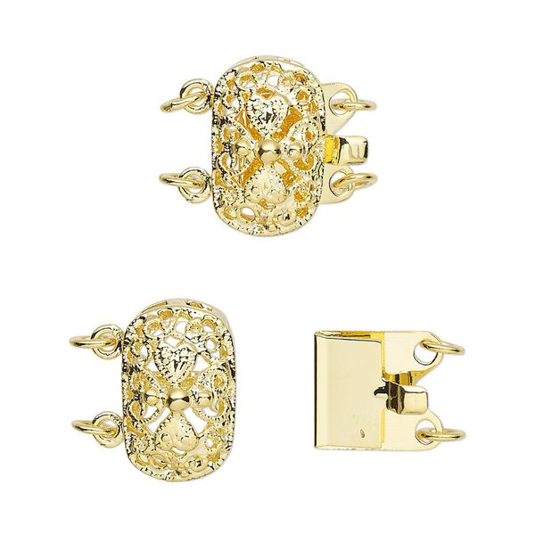 Clasp tab 1pkg4 gold-plated, 15x9mm filigree oval, brass 2-strand image number 0