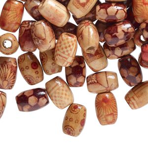 Bead mix, wood (coated), multicolored, 12x8mm hand-cut oval with painted pattern. Sold per pkg of 100.