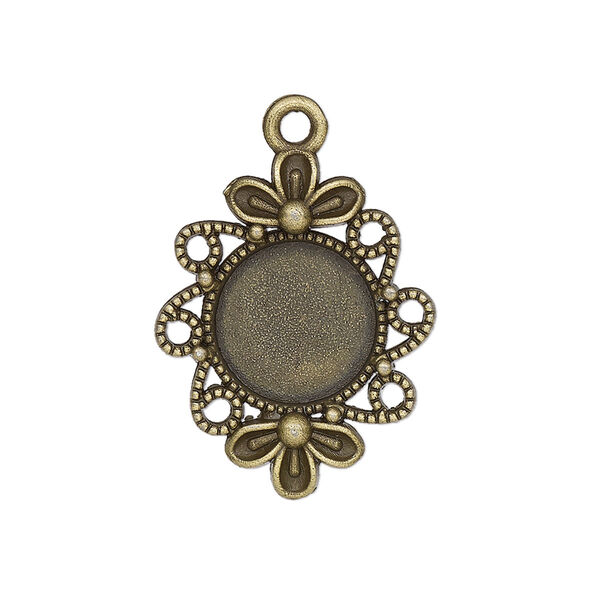 Drop, glue-in, antique brass-finished "pewter" (zinc-based alloy), 26x21mm single-sided flower with 12mm round setting. Sold per pkg of 2. image number 0