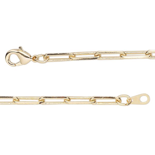 Chain, gold-finished brass, 3.3mm paperclip, 16 inches with lobster claw clasp. Sold individually. image number 0