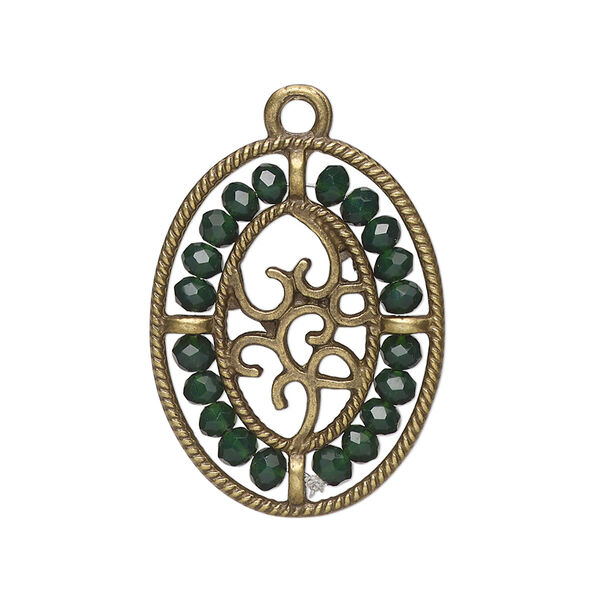 Drop, antique brass-finished "pewter" (zinc-based alloy), emerald green, 28x21.5mm oval with hearts and beaded border. Sold per pkg of 2. image number 0