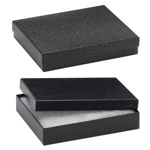 Box, paper, "cotton"-filled, black, 6-1/8 x 5-1/8 x 1-1/8 inch rectangle. Sold per pkg of 10.