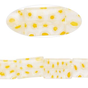 Bead, millefiori glass, translucent orange / white / clear, 14x10 puffed rectangle with flower design. Sold per 14-inch strand.