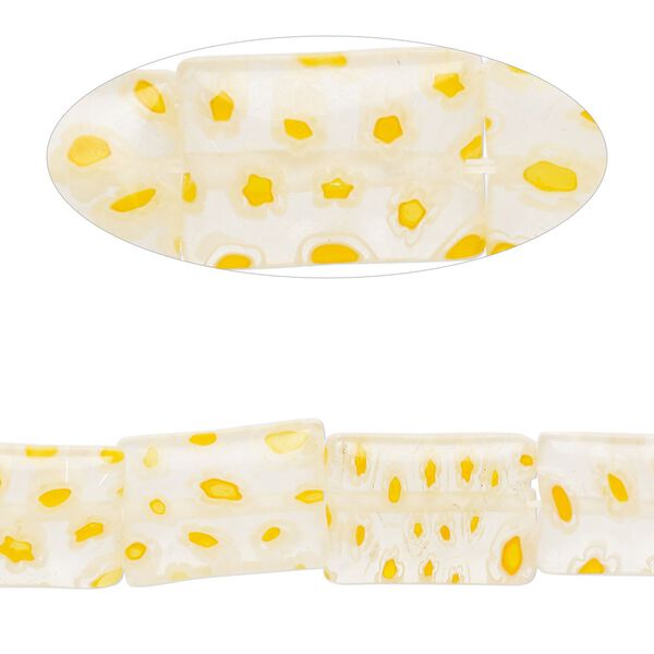 Bead, millefiori glass, translucent orange / white / clear, 14x10 puffed rectangle with flower design. Sold per 14-inch strand. image number 0