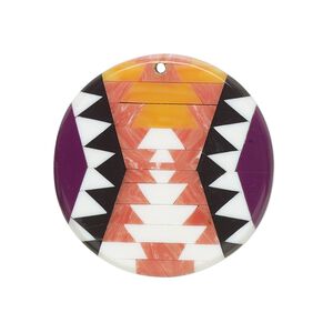 Focal, cabibe shell and resin, salmon pink / orange / multicolored, 30mm single-sided flat round with Yakan pattern. Sold individually.