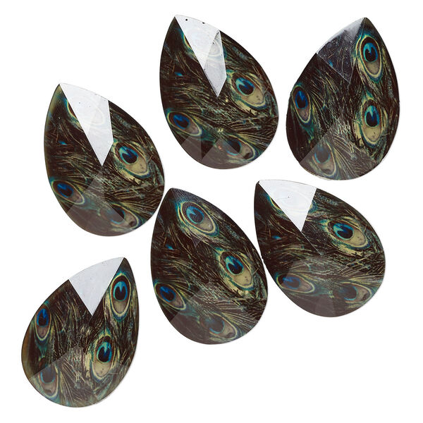 Cabochon, acrylic, black / yellow / green, 43x29mm-45x39mm non-calibrated faceted teardrop with peacock design. Sold per pkg of 6. image number 0