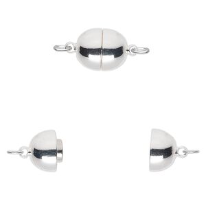 Clasp magnetic 1pkg1 silver-plated, 11x9mm oval, brass 1-strand