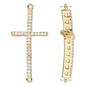 Focal, glass rhinestone and gold-finished brass, clear, 39x19mm single-sided curved cross with heart cutouts. Sold individually.
