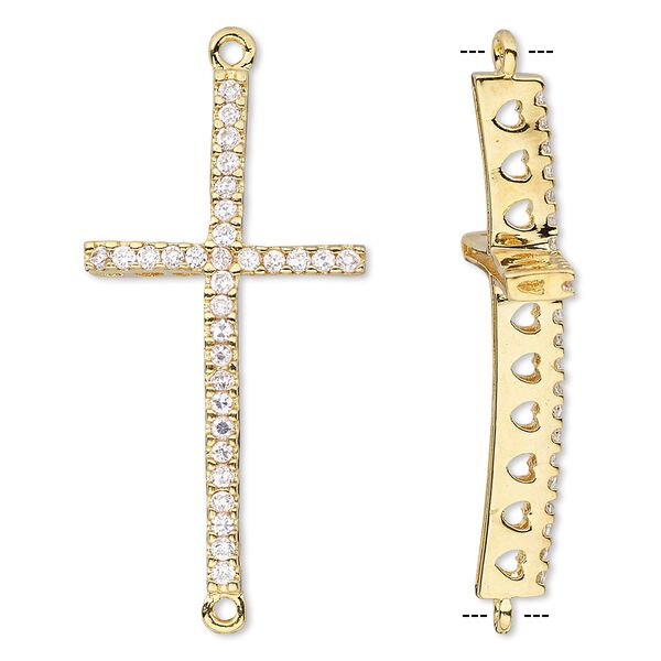 Focal, glass rhinestone and gold-finished brass, clear, 39x19mm single-sided curved cross with heart cutouts. Sold individually. image number 0