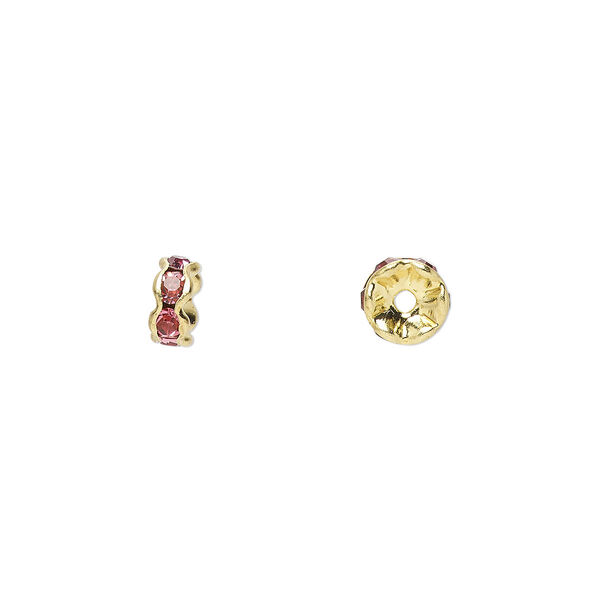 Bead, glass rhinestone and gold-finished brass, rose, 5x2mm rondelle. Sold per pkg of 10. image number 0