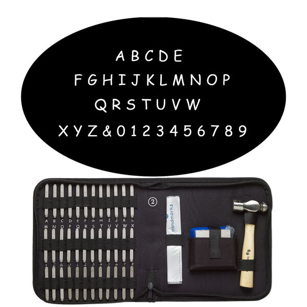 Stamp punch set, steel / wood / fabric, black, alphabetical uppercase letters A-Z / numbers 0-9 / "&" symbol, includes ball peen hammer and steel block. Sold per 40-piece set. image number 0
