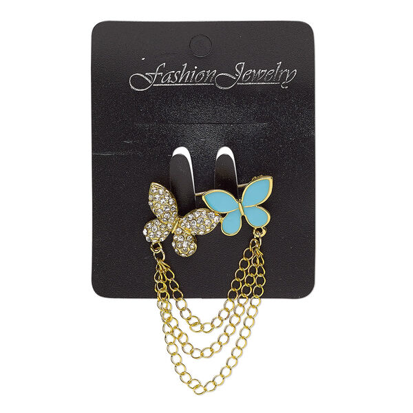 Brooch, glass rhinestone / epoxy / gold-finished brass / steel / "pewter" (zinc-based alloy), turquoise blue and clear, 60x38mm with butterfly. Sold individually. image number 0