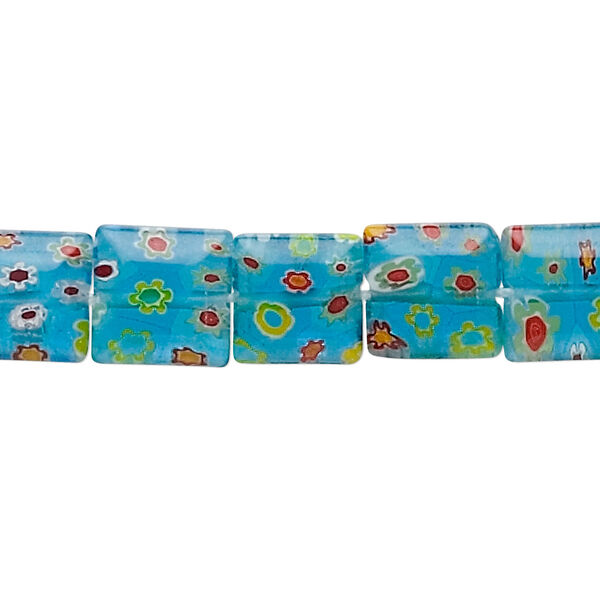 Bead, millefiori glass, light blue, 10x10mm flat square. Sold per 15-inch strand. image number 0
