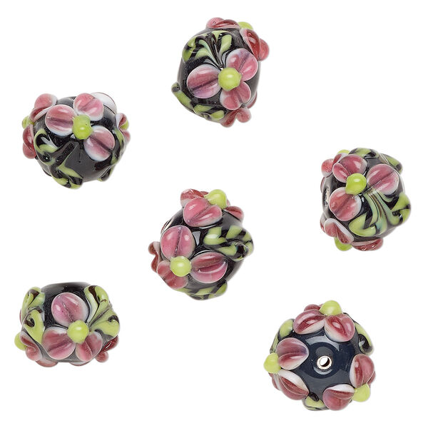Bead, lampworked glass 1pkg6, multicolored, 19x14mm rondelle with flowers. image number 0